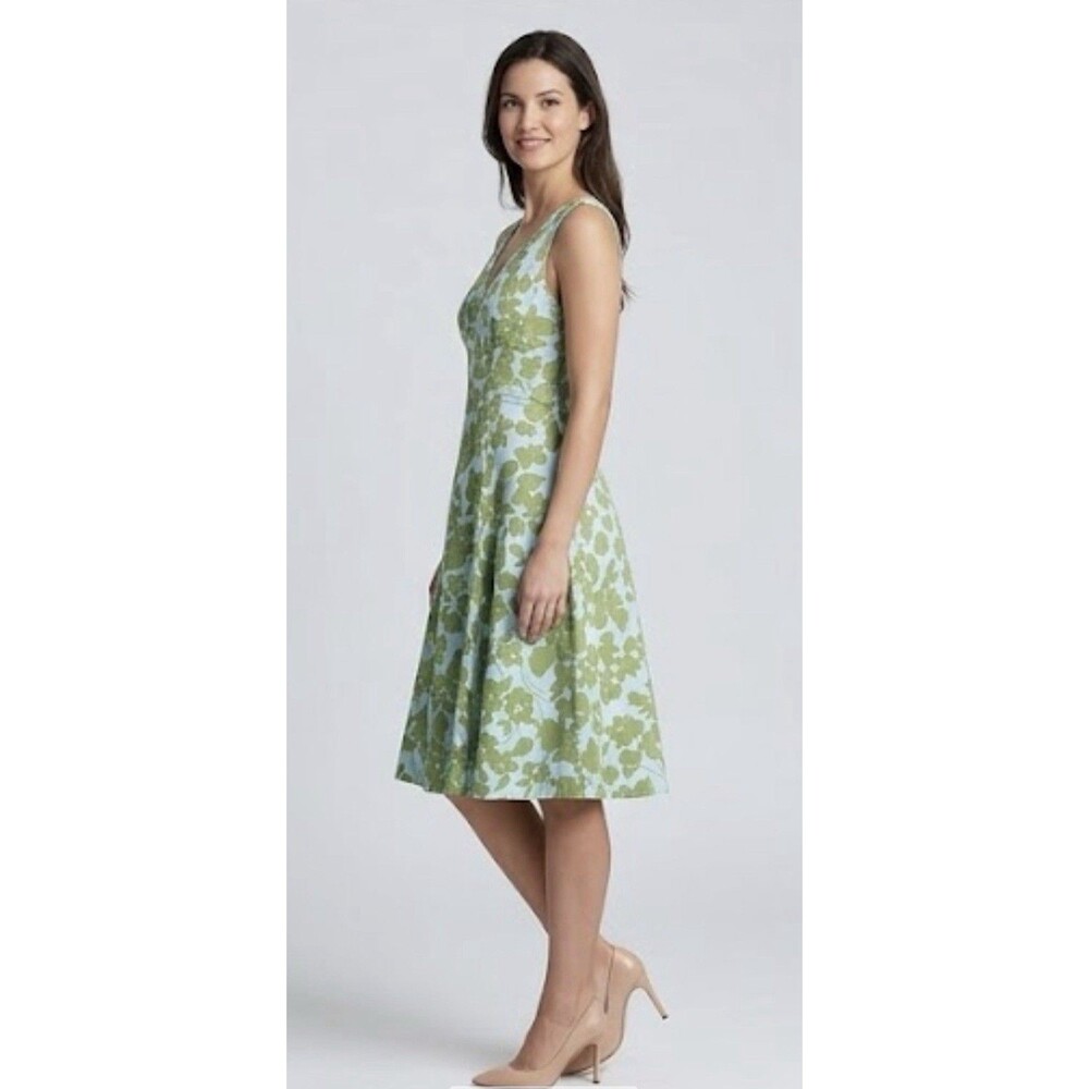 Garnet Hill Floral V-neck Midi Shift Dress 6 Green Blue Cottage Cotton